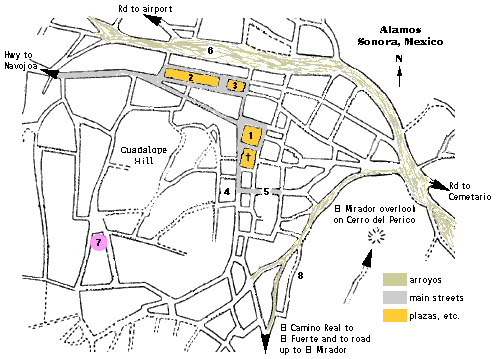 [Sketch map of Alamos, Mexico showing major streets, plazas: 20k]