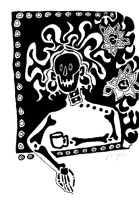 [Day of the Dead skeleton in window drinking her morning coffee: 10k]