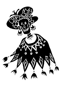 [Day of the Dead skeleton in her fancy Sunday shawl and hat: 10k]