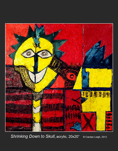 [two Cadmium Yellow figures on Cadmium Red ground, black detailing, blue hair, man with grin, woman in profile: 246k]